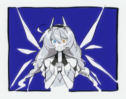  1girl alternate_costume blue_background braid chinese_commentary collarbone commentary_request gaykui gun hair_ornament heterochromia highres holding holding_gun holding_weapon honkai_(series) honkai_impact_3rd implied_suicide kiana_kaslana kiana_kaslana_(knight_moonbeam) kiana_kaslana_(void_drifter) looking_at_viewer monochrome nervous open_mouth pointing pointing_at_self shade solo suit surprised sweatdrop twin_braids upper_body weapon wide-eyed wings 