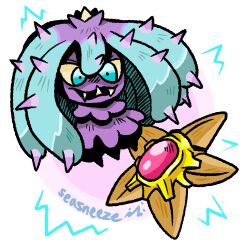  artist_name blue_eyes colored_sclera fangs mareanie no_humans pokemon pokemon_(creature) seasneeze spiked staryu yellow_sclera 