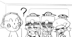  >_< 1boy 3girls ? after_kiss aoba_(blue_archive) blue_archive blush bow bowtie chibi chibi_only chinese_commentary closed_mouth commentary_request covering_own_mouth doodle_sensei_(blue_archive) embarrassed full-face_blush greyscale halo hat highres hikari_(blue_archive) index_fingers_together jacket lipstick_mark long_hair long_sleeves meng_yin monochrome multiple_girls nose_blush nozomi_(blue_archive) open_mouth peaked_cap pointy_ears rectangular_mouth sensei_(blue_archive) siblings sisters twins 