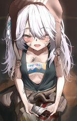  1girl absurdres blush braid candy chocolate chocolate_bar clothes_around_waist dirty dirty_arm dirty_clothes dirty_face food goddess_of_victory:_nikke highres holding holding_chocolate holding_food iwazaki long_hair looking_at_viewer open_mouth single_braid solo stall_iii_(nikke) standing 