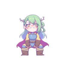  1girl :i absurdres angry arm_at_side armor boots braid braided_bangs breastplate brown_boots brown_gloves cape ceres_fauna chibi chibi_only commentary cosplay crying double-parted_bangs english_commentary full_body gloves green_hair hand_up highres hololive hololive_english jump_king jump_king_(character) jump_king_(character)_(cosplay) long_hair red_cape sher_(imnotsher) simple_background solo squatting streaming_tears tears virtual_youtuber wavy_eyes white_background yellow_eyes 