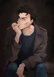  1boy bandaged_wrist bandages bandaid bandaid_on_face bandaid_on_forehead bandaid_on_nose becket_(reverse:1999) black_hair black_shirt blue_eyes blue_pants brown_jacket dark_background feet_out_of_frame hand_on_own_chin hand_up hayde_ink jacket looking_at_viewer male_focus pants reverse:1999 shirt short_hair sitting solo twitter_username 