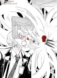  1boy 1girl absurdly_long_hair absurdres black_background bluesky_username blush coat collared_shirt don_quixote_(project_moon) dress_shirt e.g.o_(project_moon) fingernails flower food_in_mouth grey_eyes greyscale hair_flower hair_ornament hands_on_another's_face hetero highres id_card lapels limbus_company long_hair long_sleeves looking_at_another monochrome necktie nugii open_clothes open_coat project_moon red_flower red_rose rose sancho_(project_moon) shared_food shirt sinclair_(project_moon) spot_color sweatdrop twitter_username undershirt upside-down very_long_hair wing_collar yearning-mircalla_(e.g.o) 