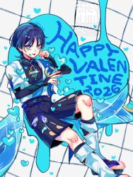  1boy armor belt black_belt black_bodysuit black_bow black_bridal_gauntlets black_hair black_shorts blue_cape blue_hair blue_kimono blue_sleeves blunt_ends bodysuit bow bridal_gauntlets bright_pupils cape choppy_bangs clenched_hand closed_mouth commentary_request covered_collarbone eyelashes eyeliner fingernails furisode genshin_impact gnsn_tera gold_ring grid_background hakama hakama_shorts hands_up happy_valentine heart highres japanese_armor japanese_clothes juban kimono kote kurokote layered_sleeves leg_warmers looking_at_viewer makeup male_focus mandarin_collar middle_ring multicolored_hair open_clothes open_hand open_kimono pleated_shorts purple_rope purple_sash red_eyeliner rope sash scaramouche_(genshin_impact) short_sleeves shorts shoulder_peek side_cape solo streaked_hair tassel toeless_legwear toenails toes tongue tongue_out tsurime violet_eyes wanderer_(genshin_impact) white_kimono white_leg_warmers white_pupils white_sleeves 