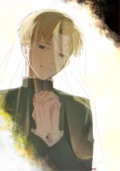  1boy absurdres blonde_hair blue_eyes bridal_veil chi.:_chikyuu_no_undou_ni_tsuite green_jacket han_orb highres jacket looking_at_viewer male_focus own_hands_clasped own_hands_together parted_lips rafal_(chi.) solo teeth upper_body veil 