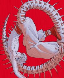  1boy bone_tail douk1_1kigire feet_out_of_frame highres original pants red_background reptile_boy scales short_hair solo spines topless_male white_eyes white_pants 