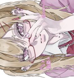  1girl aegyo_sal artist_name bead_necklace beads blonde_hair caru_c1 closed_mouth commentary ear_piercing eyebrow_piercing face_piercing fingernails glasses gyaru hair_between_eyes hair_ornament hairclip hand_up highres hime_gyaru jewelry long_hair looking_at_viewer multicolored_nails neck_piercing necklace original piercing pink_eyes portrait red-framed_eyewear semi-rimless_eyewear sharp_fingernails sideways simple_background solo twintails untranslatable_commentary white_background 