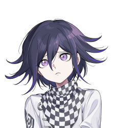 1boy black_hair check_commentary checkered_clothes checkered_scarf commentary_request danganronpa_(series) danganronpa_v3:_killing_harmony ewa_(seraphhuiyu) flipped_hair frown hair_between_eyes looking_up male_focus oma_kokichi pleading_eyes portrait purple_hair scarf short_hair simple_background solo two-tone_scarf violet_eyes white_background 