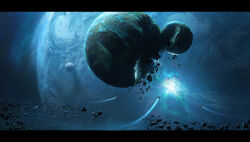  absurdres artist_name asteroid aurora blue_theme commentary english_commentary full_moon highres moon original painterly planet raja_nandepu rock scenery science_fiction sky space spacecraft star_(sky) starry_sky 