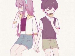  1boy 1girl artist_name aubrey_(faraway)_(omori) aubrey_(omori) black_sweater_vest blue_eyes blue_hairband blue_skirt blush brown_shorts closed_eyes closed_mouth collarbone collared_shirt crop_top denim denim_skirt double-parted_bangs eating food hair_between_eyes hairband holding holding_food holding_hands jacket omori pink_hair satsuki_1243 shirt short-sleeved_jacket short_sleeves shorts skirt sunny_(omori) sweatdrop sweater_vest white_background white_jacket white_shirt 
