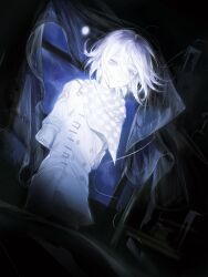 1boy arm_belt arms_behind_back buttons check_commentary checkered_clothes checkered_scarf commentary_request curtains danganronpa_(series) danganronpa_v3:_killing_harmony dark_background flipped_hair ghost glowing hair_between_eyes highres indoors long_sleeves male_focus monochrome moon muted_color night oma_kokichi open_window pale_skin pants scarf seapall short_hair smile solo standing violet_eyes white_hair wind wind_lift window 