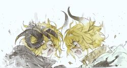  2girls angry blonde_hair blue_background cape collar commentary don_quixote_(project_moon) dual_persona eye_contact grey_scarf heishou_pack-wei_branch_(identity)_(project_moon) highres horns index_(identity)_(project_moon) limbus_company looking_at_another meijiichigo metal_collar multiple_girls open_mouth procuration_(e.g.o) project_moon scarf short_hair untranslatable_commentary white_cape yellow_eyes 