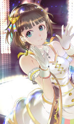  119 1girl amami_haruka bare_shoulders blue_eyes blunt_bangs breasts brown_hair closed_mouth detached_collar dress gloves hair_ornament hands_up heart heart_hair_ornament highres idol idolmaster idolmaster_(classic) looking_at_viewer mole short_hair smile solo stage stage_lights white_dress white_gloves 