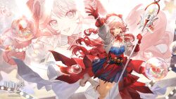  1girl arknights blue_dress bubble cane chinese_commentary commentary_request dress earrings fish gloves goldfish gradient_hair haruka_(arknights) highres holding holding_cane jacket jewelry long_hair long_sleeves looking_at_viewer multicolored_hair official_art red_gloves red_ribbon ribbon white_jacket 