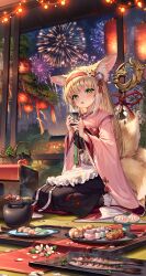  1girl absurdres aerial_fireworks animal_ears apron arknights artist_request black_hakama blonde_hair chinese_commentary colored_tips commentary_request commission cup fireworks food food_request fox_ears fox_girl fox_tail frilled_apron frills green_eyes hairband hakama highres holding holding_cup japanese_clothes kimono kitsune kyuubi long_hair long_sleeves looking_at_viewer multicolored_hair multiple_tails official_alternate_costume open_mouth pink_kimono pinwheel red_hairband second-party_source seiza sitting skirt socks solo suzuran_(arknights) suzuran_(yukibare)_(arknights) tail waist_apron white_apron white_hair white_socks wide_sleeves yagasuri yunomi 