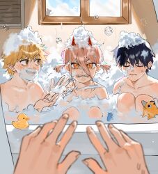  1girl 1other 2boys absurdres aged_down anger_vein black_hair blonde_hair brown_eyes chainsaw_man child closed_eyes closed_mouth commentary cross-shaped_pupils denell denji_(chainsaw_man) hayakawa_aki highres horns in_bathtub knees_up looking_at_another multiple_boys pochita_(chainsaw_man) power_(chainsaw_man) red_horns sharp_teeth sitting soap_bubbles symbol-shaped_pupils teeth untranslatable_commentary window 