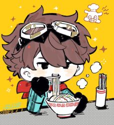  1boy blue_jacket brown_hair chopsticks commentary_request digimon digimon_story:_time_stranger eating flu_cocos food goggles goggles_on_head highres holding holding_chopsticks jacket male_focus multicolored_jacket noodles ramen red_scarf scarf simple_background solo table two-tone_jacket upper_body white_jacket yellow_background yuuki_dan 