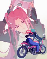  1girl black_gloves black_jacket blush chain closed_mouth commentary earrings fingerless_gloves gloves highres jacket jewelry kitsastik kpop_demon_hunters long_hair mira_(kpop_demon_hunters) motor_vehicle motorcycle multiple_views on_motorcycle piercing pink_hair removing_helmet sidelocks sitting south_korean_flag twintails 