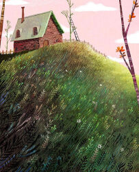  building chimney clouds fence francisco_fonseca grass house ladder no_humans original pink_sky scenery sky tree wooden_fence 