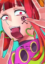  1girl absurdres against_fourth_wall aqua_background commentary earrings facial_tattoo gnosia hand_on_screen heart heart_earrings highres jewelry licking_screen looking_at_viewer rakia02 red_eyes red_hair simple_background skull_and_crossbones skull_and_crossbones_tattoo solo sq_(gnosia) tattoo tongue tongue_out 