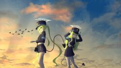  absurdres blue_archive commentary_request demon_tail halo highres hikari_(blue_archive) nozomi_(blue_archive) shorts skirt sky sunset tail thigh-highs user_fvhs7342 white_thighhighs 