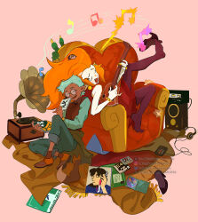  1girl 1other aged_down animal_on_head armchair big_hair carpet cd_player chair commentary couple dark_skin edalyn_clawthorne green_hair guitar headphones instrument kuma20151225 on_head orange_hair owlbert_(the_owl_house) pantyhose phonograph pointy_ears raine_whispers round_eyewear shoe_dangle the_owl_house untranslatable_commentary walkman 