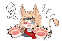  1girl animal_ears animal_hands archetto_(arknights) arknights blonde_hair blue_eyes blush cape chibi collared_shirt cropped_torso english_text gloves grey_jacket hands_up heterochromia jacket long_hair no_grad nose_blush open_mouth paw_gloves red_cape red_eyes red_scarf scarf shirt simple_background solo speech_bubble tail twitter_username upper_body white_background white_shirt 