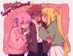  3girls @_@ ahoge alternate_skin_color black_cardigan black_skirt blonde_hair blush bocchi_the_rock! cardigan commentary cube_hair_ornament english_commentary girl_sandwich gotoh_hitori green_eyes green_sweater hair_ornament heart highres hiimross holding_hands ijichi_nijika jacket kiss kissing_cheek kissing_hand kita_ikuyo long_hair multiple_girls open_mouth pink_hair pink_jacket red_hair sandwiched shirt side_ponytail skirt sweat sweater track_jacket white_shirt white_skirt yuri 