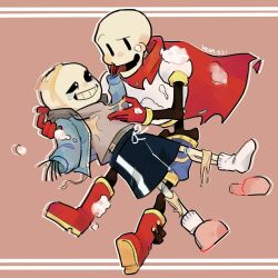  2018 2boys 2d armor artist_name black_shorts blue_jacket blue_shorts boots brothers cape commentary dated digital_media drawstring duo english_commentary full_body gloves grey_hood height_difference hollow_eyes hood hood_down hooded_jacket humanoid jacket male male_focus male_only monster monster_boy multiple_boys no_nose open_clothes open_jacket orange_background papyrus_(undertale) pink_slippers red_boots red_cape red_gloves sans_(undertale) shirt shorts siblings simple_background single_vertical_stripe skeleton slippers socks striped_shorts teeth undead undertale utdr_(toby_fox) veah3 vertical-striped_clothes vertical-striped_shorts white_armor white_shirt white_socks white_stripes 