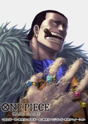  1boy ascot black_hair blue_ascot cigar coat coat_on_shoulders commentary_request copyright_name crocodile_(one_piece) earrings fur-trimmed_coat fur_trim hair_slicked_back jewelry male_focus official_art one_piece one_piece_card_game orange_vest ring short_hair simple_background solo stitched_face stitches tatsuya_(atelier_road) upper_body vest white_background 