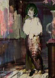  1girl abstract absurdres alternate_costume brush_stroke cloak commentary_request covered_face dissolving facing_viewer flower full_body green_hair highres hotoke_party indoors kazami_yuuka long_skirt plaid_clothes plaid_skirt red_skirt short_hair skirt solo touhou vase walking white_cloak 