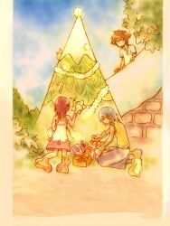  1girl 2boys blue_eyes blue_hair blue_pants blue_sky brown_hair bush candy candy_cane child christmas christmas_ornaments christmas_tree commentary day decorating_christmas_tree dress english_commentary facing_away foliage food full_body gift illbewaiting kairi_(kingdom_hearts) kingdom_hearts kingdom_hearts_i kneeling leaf medium_hair multicolored_dress multiple_boys outdoors pants paopu_fruit parted_lips pink_dress riku_(kingdom_hearts) shirt shoes short_hair short_sleeves sky sleeveless sleeveless_dress sleeveless_shirt snow sora_(kingdom_hearts) spiky_hair white_dress white_shirt wristband yellow_shirt yellow_shoes yellow_theme 