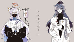  2girls ahoge alternate_costume alternate_universe bandages benghuai_xueyuan black_jacket closed_mouth coat collarbone couple doctor duplicate earrings english_commentary expressionless floating glasses hair_between_eyes hair_ornament halo hand_in_pocket headpiece herrscher_of_the_end highres honkai_(series) hospital_gown iv_stand jacket jewelry kiana_kaslana lab_coat long_sleeves looking_at_viewer mask mouth_mask multiple_girls off_shoulder orange_eyes partially_unzipped pixel-perfect_duplicate purple_hair raiden_mei rope salt66666 shade single_sidelock standing star_(symbol) sweater translation_request upper_body violet_eyes white_coat white_hair yuri 
