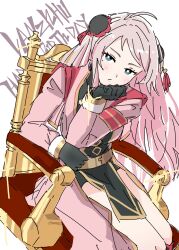  1girl absurdres ahoge black_gloves blue_eyes bun_cover character_name closed_mouth commentary_request double_bun dress eutopia_(love_live!) gloves hair_bun happy_birthday highres long_hair looking_at_viewer love_live! love_live!_nijigasaki_high_school_idol_club mole mole_under_eye pink_dress pink_hair sitting sitting_on_throne solo throne white_background yozorapi zhong_lanzhu 