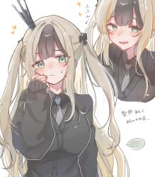  1girl anku_(reverseblue) black_bow black_crown black_hair black_shirt black_sweater blonde_hair bow collared_shirt commentary_request crown green_eyes grey_necktie hair_bow highres long_sleeves multicolored_hair necktie official_alternate_costume reverseblue_x_re-birthend shirt solo sui_ma33 sweater two-tone_hair 