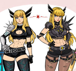  2girls abs armor asymmetrical_gloves black_gloves blonde_hair blue_eyes clawed_gauntlets cleavage_cutout clothing_cutout collar crop_top dual_persona fingerless_gloves gauntlets glaring gloves hand_on_own_hip hands_on_own_hips highres in-franchise_crossover long_hair magik_(x-men) marvel marvel_rivals marvel_tokon:_fighting_souls multiple_girls muscular muscular_female neggoartz pantyhose pauldrons planted planted_sword short_shorts shorts shoulder_armor shoulder_spikes single_arm_guard single_gauntlet spiked_armor spiked_collar spiked_gauntlets spiked_pauldrons spiked_thigh_strap spikes superhero_costume sword thigh-highs torn_clothes torn_pantyhose weapon x-men 
