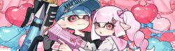  1boy 1girl balloon black_gloves black_shirt blue_hair blue_hat bow closed_mouth fingerless_gloves food-themed_hair_ornament gloves hair_bow hair_ornament hat heart_balloon highres holding holding_weapon inkling inkling_boy inkling_girl inkling_player_character long_hair looking_at_viewer open_mouth pink_bow pink_eyes pink_hair pink_sailor_collar pointy_ears prat_rat sailor_collar shirt short_hair smile splatoon_(series) splattershot_jr._(splatoon) splattershot_pro_(splatoon) strawberry_hair_ornament tentacle_hair visor_cap watermark watermark_grid weapon white_shirt 