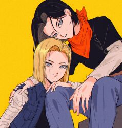  1boy 1girl absurdres ako_(eanaaati1) android_17 android_18 arm_rest bandana bandana_around_neck belt black_hair black_shirt blonde_hair blue_eyes blue_jacket blue_pants breast_pocket bright_pupils brother_and_sister brown_belt chinese_commentary closed_mouth collared_jacket commentary_request curtained_hair denim denim_jacket dragon_ball earrings gold_earrings hand_on_another's_knee hand_on_another's_shoulder highres jacket jewelry layered_sleeves long_sleeves looking_at_viewer open_clothes open_jacket pants parted_bangs parted_lips pocket red_bandana shirt short_hair short_over_long_sleeves short_sleeves siblings simple_background sitting sleeveless sleeveless_jacket smile striped_sleeves twins white_pupils yellow_background 