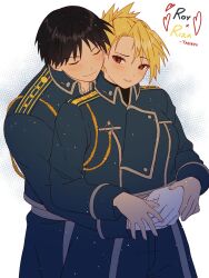  1boy 1girl arms_around_waist artist_name black_hair blonde_hair blue_jacket blush brown_eyes character_name closed_eyes closed_mouth couple cowboy_shot english_commentary fullmetal_alchemist gloves hair_up heart hetero highres hug hug_from_behind jacket long_sleeves military_uniform parted_lips riza_hawkeye roy_mustang smile tasikyu white_gloves 
