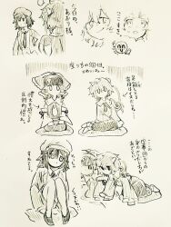  3girls ascot bow collared_shirt commentary_request detached_sleeves eyeball foul_detective_satori frilled_bow frilled_hair_tubes frilled_shirt_collar frilled_sleeves frills hair_bow hair_ornament hair_tubes hairband hakurei_reimu hat heart heart_hair_ornament jacket komeiji_satori long_sleeves menotama multi-source_commentary multiple_girls open_clothes open_jacket ribbon-trimmed_collar ribbon-trimmed_sleeves ribbon_trim seiza shameimaru_aya shameimaru_aya_(newsboy) shirt shorts sitting skirt third_eye touhou traditional_media translation_request wide_sleeves 