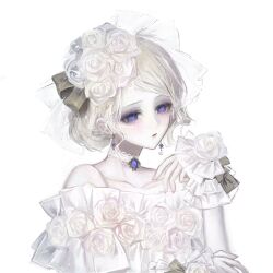  1girl artist_request blonde_hair brown_ribbon chinese_commentary choker collarbone commentary_request commission dress dress_flower earrings fingernails flower gem hair_bun hair_flower hair_ornament hand_up highres identity_v jewelry long_sleeves off-shoulder_dress off_shoulder parted_bangs parted_lips purple_gem ribbon second-party_source see-through_clothes see-through_veil sidelocks solo transparent_background variant_set veil vera_nair vera_nair_(tonight_or_never) violet_eyes white_choker white_veil white_wrist_cuffs wrist_cuffs 