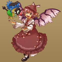  1girl bad_id chatot crossover dress earrings enu_(spinal) hat jewelry long_hair mystia_lorelei pink_hair pokemon pokemon_(creature) purple_eyes ribbon ribbons short_hair touhou violet_eyes wings 