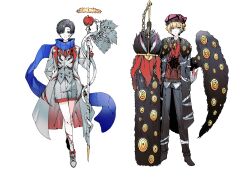  2boys :< apple bandages black_hair black_pants black_shoes black_wings blonde_hair blue_eyes blue_scarf bow closed_mouth coat commentary_request contrast_collar crossed_legs curtained_hair demian_(project_moon) double-parted_bangs e.g.o_(project_moon) eye_print facial_mark food fruit full_body fur-trimmed_coat fur_trim greatsword hand_up hat hat_bell hat_bow highres holding holding_staff holding_sword holding_weapon laetitia_(e.g.o) lapels limbus_company lobotomy_corporation long_scarf long_sleeves looking_at_viewer male_focus multiple_boys nana_nana_bot necktie notched_lapels open_clothes open_coat pants paradise_lost_(e.g.o) parted_bangs pink_hat project_moon red_necktie red_vest ringed_eyes scarf shoes short_hair shorts side-by-side simple_background sinclair_(project_moon) single_wing smile snake staff standing sweater_vest sword teardrop_facial_mark the_sword_sharpened_with_tears_(e.g.o) twilight_(e.g.o) vest weapon white_background white_coat white_shoes white_shorts white_vest wings yellow_eyes 