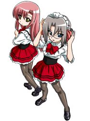  2girls bandabekken black_shoes blue_eyes bow bowtie bronze_parrot closed_mouth cummerbund curtained_hair frilled_shirt frills from_above glasses grey_hair hands_up harukaze_chiharu hayate_no_gotoku! katsura_hinagiku loafers long_hair looking_back maid_headdress miniskirt multiple_girls open_mouth pantyhose pink_hair pleated_skirt red_bow red_bowtie red_skirt shirt shoes short_hair simple_background skirt standing waitress white_background white_shirt yellow_eyes 