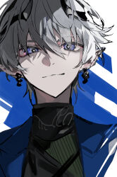  1boy absurdres ardashir_(arknights) arknights arknights:_endfield bishounen black_horns black_shirt blue_background blue_eyes blue_jacket closed_mouth commentary_request ear_covers earrings grey_hair hair_between_eyes highres horns jacket jewelry looking_at_viewer male_focus mura_karuki pointy_ears shirt short_hair smile solo turtleneck upper_body 