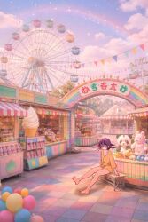  1boy amusement_park balloon barefoot blue_sky bottomless clouds collarbone commentary_request danganronpa_(series) danganronpa_v3:_killing_harmony expressionless ferris_wheel flipped_hair hair_between_eyes highres long_sleeves looking_down male_focus man_ni medium_hair oma_kokichi on_bench outdoors pastel_colors photo_background purple_hair scenery shirt sitting sky solo stuffed_animal stuffed_toy teddy_bear tile_floor tiles violet_eyes yellow_shirt 