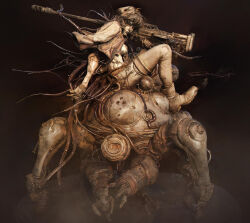  1girl 3d anti-materiel_rifle blender_(medium) boots breasts cable closed_mouth coat coat_on_shoulders commentary cyberpunk cyborg dark_background dust_cloud english_commentary entei_ryu faux_traditional_media full_body ghost_in_the_shell gun highres holding holding_gun holding_weapon kusanagi_motoko making-of_available mecha mechanical_arms medium_breasts medium_hair monochrome non-humanoid_robot nose rifle robot science_fiction signature sitting sitting_on_mecha sniper_rifle solo spider_tank tachikoma turning_head walker_(robot) weapon weapon_request zbrush_(medium) 