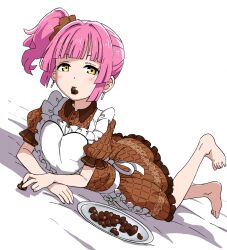  1girl apron barefoot blunt_bangs blunt_sidelocks blush brown_dress candy chocolate commentary dress dutch_angle expressionless food food_in_mouth frilled_apron frilled_dress frills full_body heart heart-shaped_chocolate heart-shaped_food heart_apron highres holding holding_chocolate holding_food looking_at_viewer love_live! love_live!_nijigasaki_high_school_idol_club lying medium_dress mouth_hold on_stomach pink_hair puffy_short_sleeves puffy_sleeves short_sleeves side_ponytail sidelocks simple_background solo tennoji_rina the_pose toes tray waist_apron white_apron white_background yanekawara yellow_eyes 