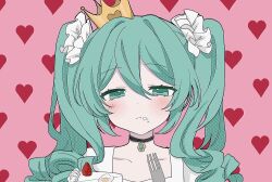  1girl absurdres blue_eyes blue_hair blush cake choker crown curly_hair food food_on_face fork fruit hair_ornament hatsune_miku heart heart_background highres long_hair mini_crown pink_background portrait solo strawberry strawberry_shortcake twintails vocaloid world_is_mine_(vocaloid) yukia_1128 