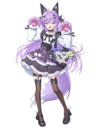  1girl absurdres ahoge animal_ears animal_hands arahashi_tabi ayatsuno_yuni bag belt_around_waist black_bag black_bow black_bowtie black_collar black_shoes black_skirt blue_eyes bow bowtie brown_thighhighs character_badge character_doll collar commentary doll ear_covers fang fox_ears fox_girl fox_tail frilled_skirt frills full_body gloves hair_ornament hair_ribbon handbag heart-shaped_bag heterochromia high-waist_skirt highres inari_(tenko_shibuki) kuromi long_hair long_sleeves multicolored_hair my_melody_(series) open_mouth paw_gloves pom_pom_(clothes) pom_pom_footwear pom_pom_hair_ornament purple_bow purple_bowtie purple_hair purple_ribbon ribbon sanrio shirt shoes simple_background skin_fang skirt solo stellive suis_(suis022511) tail tenko_shibuki thigh-highs thigh_strap very_long_hair virtual_youtuber white_background white_hair white_shirt x_hair_ornament yellow_eyes yuzuha_riko 